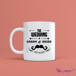The wedding groom and bride save the date mug